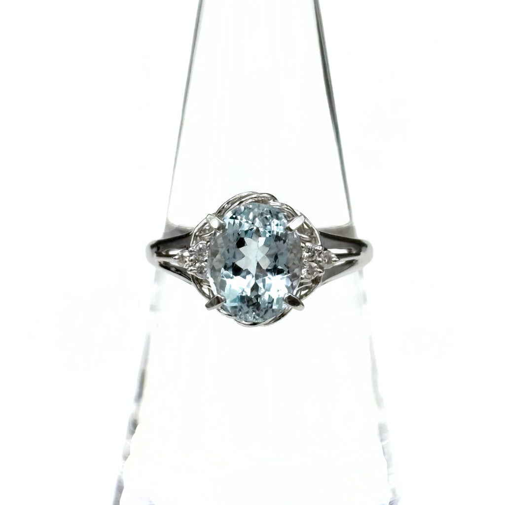 アクアマリン デザインリング プラチナ 指輪 メレダイヤ リング 15.5号 Pt900 アクアマリン ダイヤモンド レディース 【中古】nbjwl