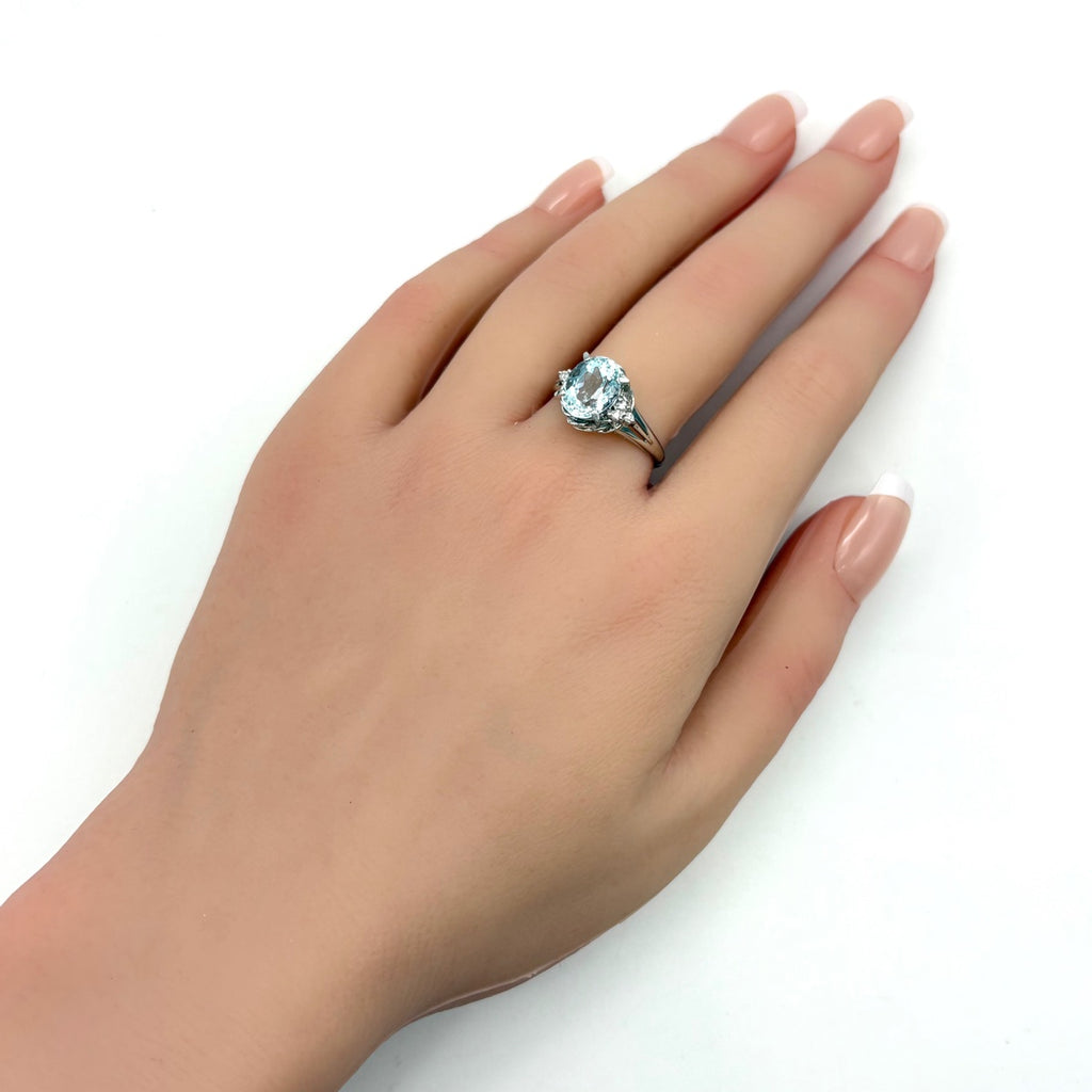 アクアマリン デザインリング プラチナ 指輪 メレダイヤ リング 15.5号 Pt900 アクアマリン ダイヤモンド レディース 【中古】nbjwl