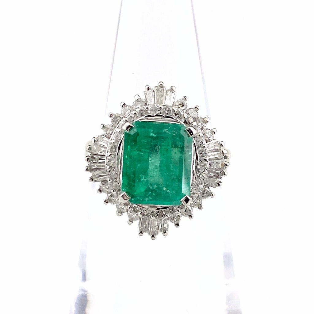 エメラルド デザインリング プラチナ 指輪 メレダイヤ リング 9号 Pt900 エメラルド ダイヤモンド レディース 【中古】nbjwl