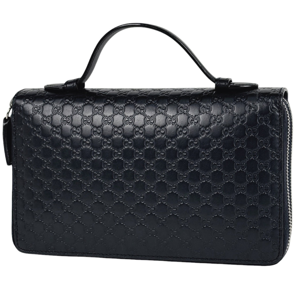 グッチ マイクログッチシマ トラベル ドキュメントケース ラウンドファスナー シグネチャー 長財布 シマレザー ネイビー 449246 レディース 【中古】brbag