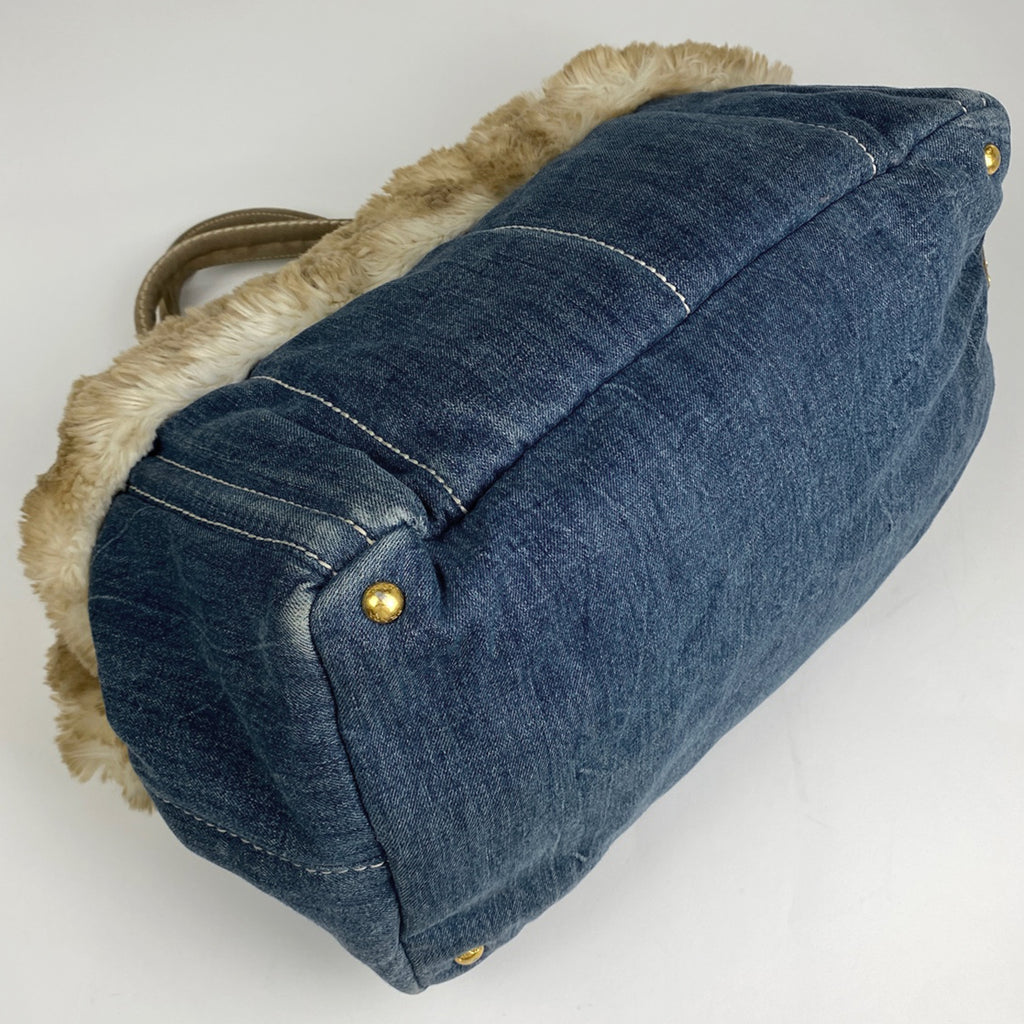 プラダ カナパ トート フェイクファー ハンドバッグ トートバッグ デニム ブルー ベージュ BN2182 レディース 【中古】brbag