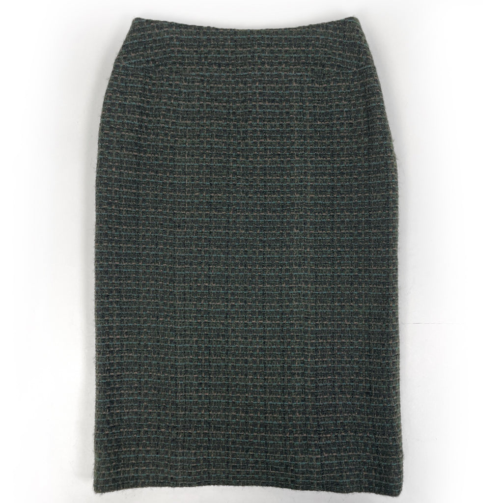 シャネル ツイード セットアップ ココマークボタン ノーカラー 98A マフラー付き セットアップ スカートスーツ グリーン ブラウン レディース 【中古】brapp