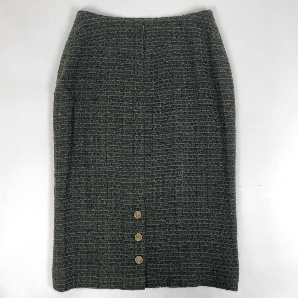 シャネル ツイード セットアップ ココマークボタン ノーカラー 98A マフラー付き セットアップ スカートスーツ グリーン ブラウン レディース 【中古】brapp