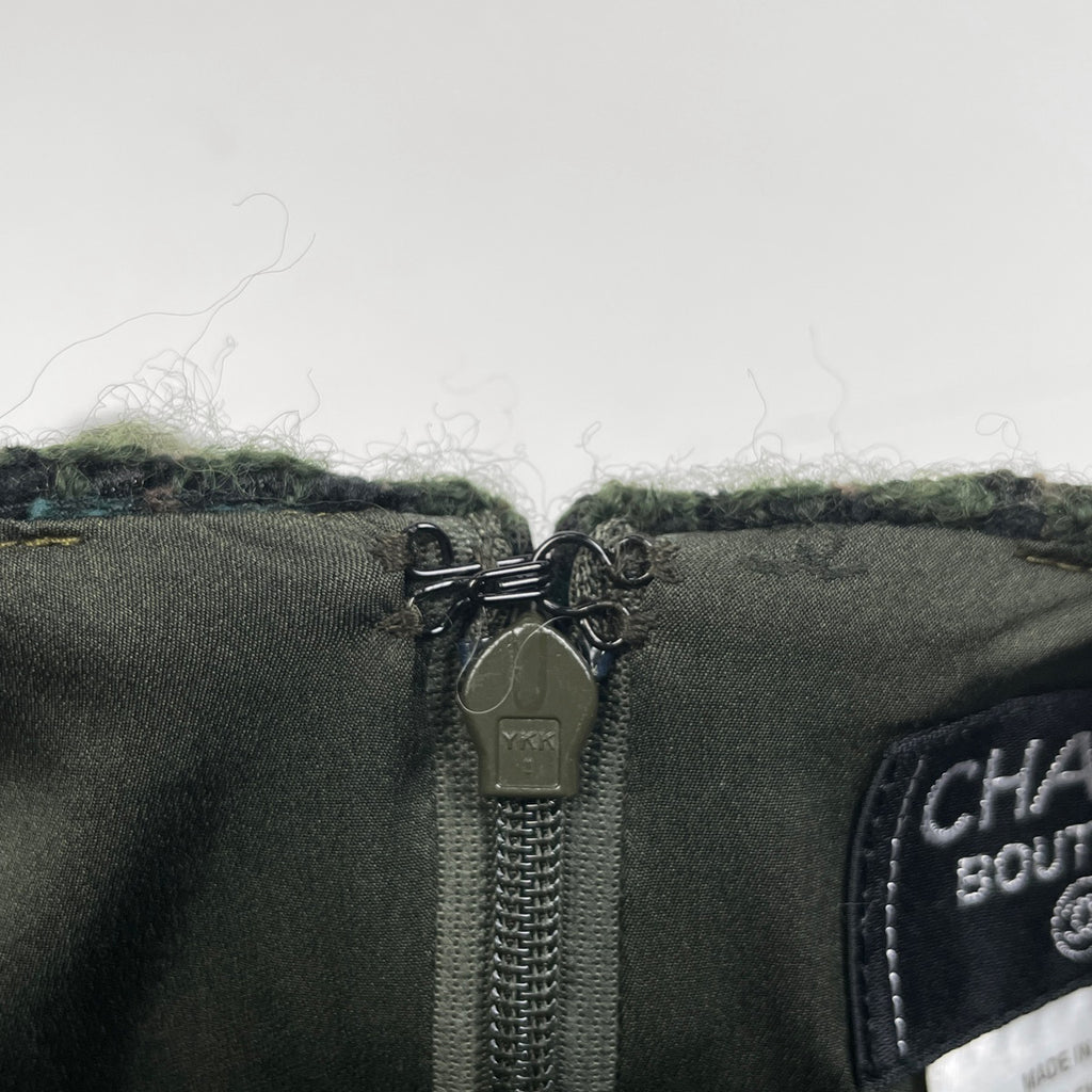 シャネル ツイード セットアップ ココマークボタン ノーカラー 98A マフラー付き セットアップ スカートスーツ グリーン ブラウン レディース 【中古】brapp