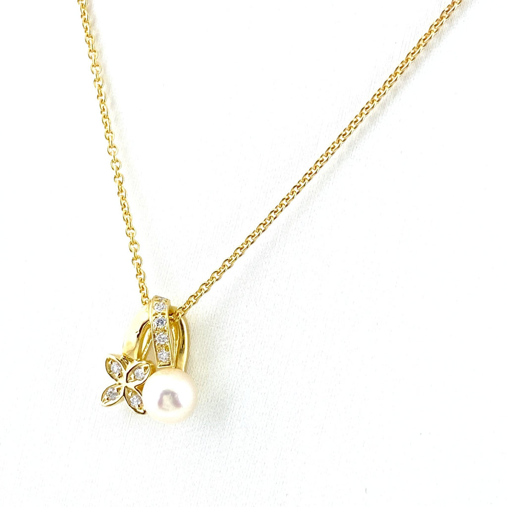 ミキモト パール デザインネックレス YG イエローゴールド ペンダント メレダイヤ 真珠 ネックレス K18 パール ダイヤモンド レディース 【中古】brjwl
