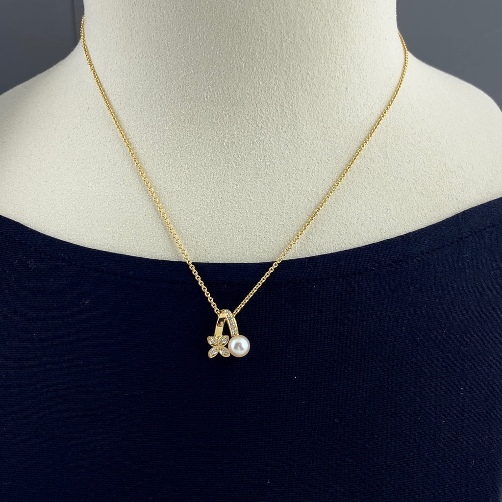 ミキモト パール デザインネックレス YG イエローゴールド ペンダント メレダイヤ 真珠 ネックレス K18 パール ダイヤモンド レディース 【中古】brjwl