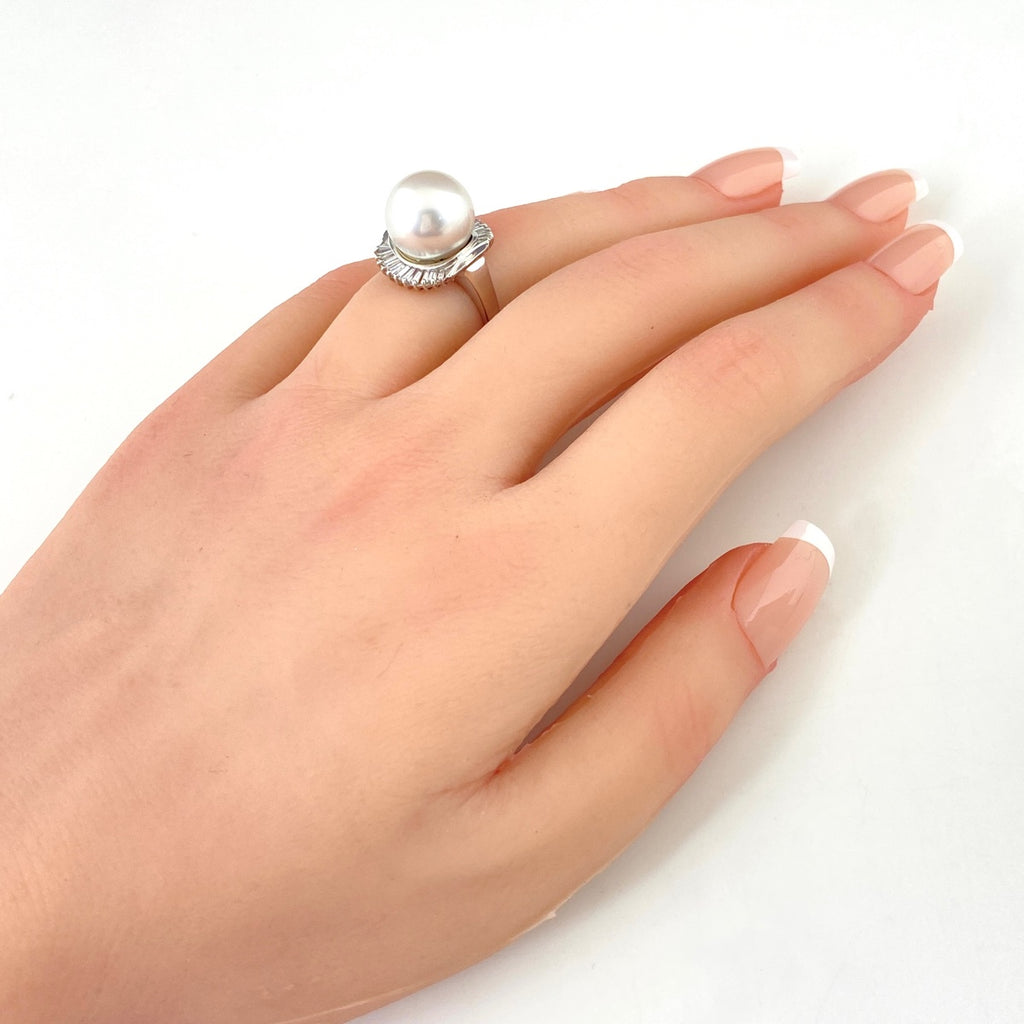 パール デザインリング プラチナ 指輪 メレダイヤ 真珠 リング 9.5号 Pt900 パール ダイヤモンド レディース 【中古】nbjwl