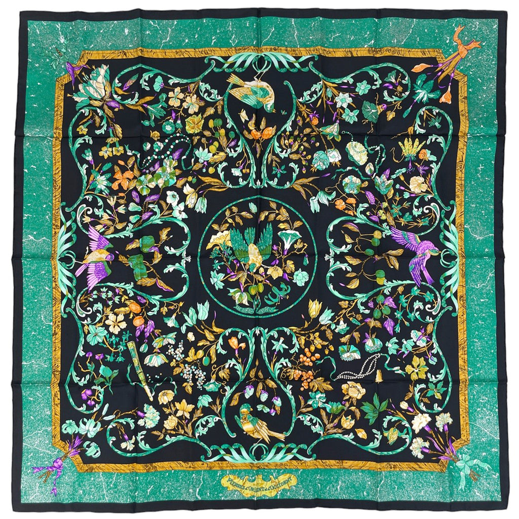 エルメス カレ 90 PiERRES d' ORiENT et d' OCCiDENT 東洋の石と西洋の石細工 鳥 花 果実 果物 スカーフ シルク ブラック マルチカラー レディース 【中古】brbag