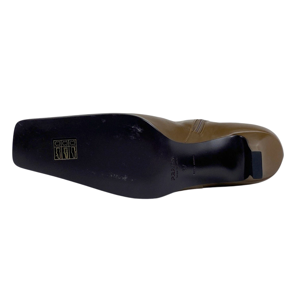 プラダ スクエアトゥ ブーツ ハイヒール ミディアム 靴 ブーツ レザー ブラウン レディース 【中古】brapp