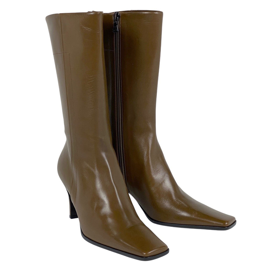 プラダ スクエアトゥ ブーツ ハイヒール ミディアム 靴 ブーツ レザー ブラウン レディース 【中古】brapp