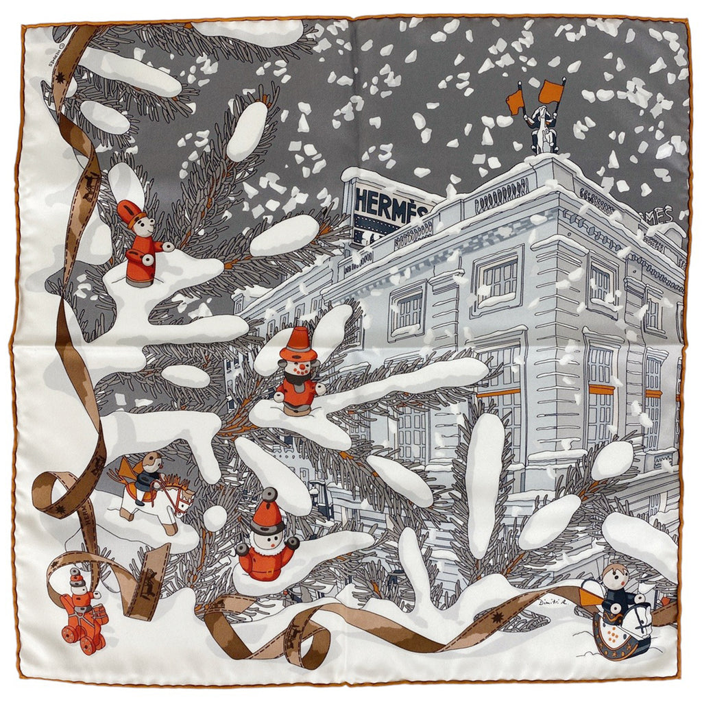 エルメス プチ カレ Noel au 24 Faubourg フォーブル24番地のクリスマス スカーフ シルク ホワイト オレンジ レディース 【中古】brbag