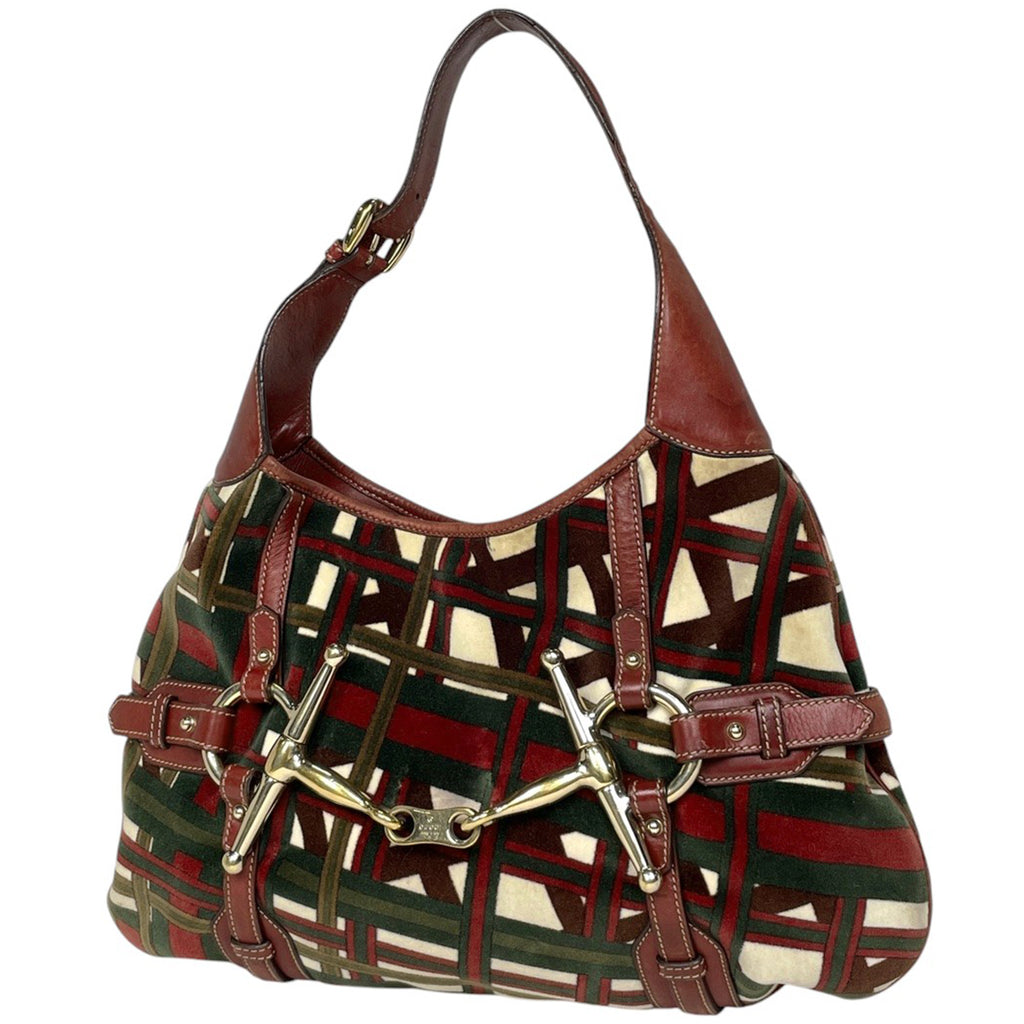 グッチ ホースビット ショルダーバッグ ワンショルダー 85周年 ショルダーバッグ ベロア レッド グリーン 163804 レディース 【中古】brbag