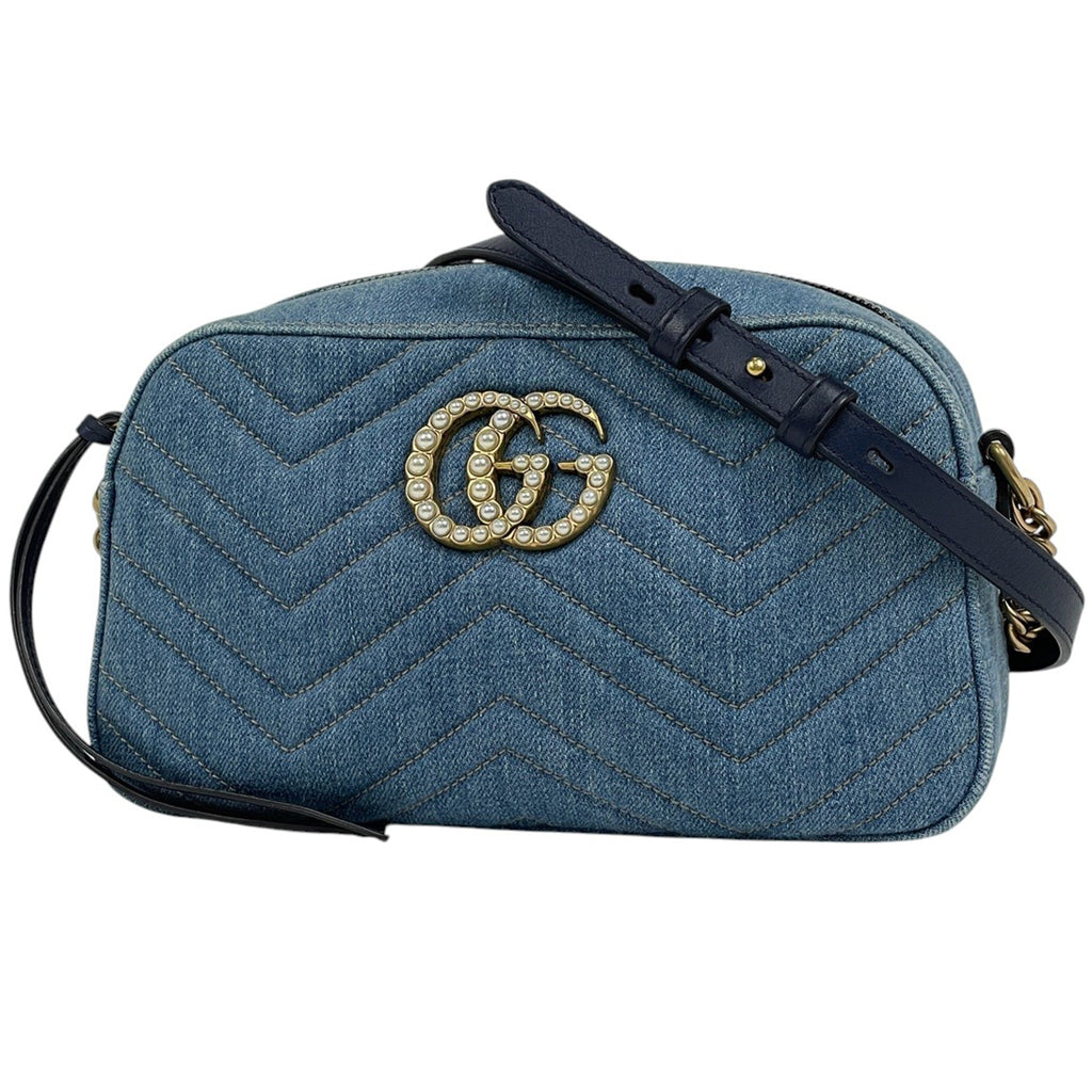 グッチ GGマーモント チェーン ショルダーバッグ ダブルG 斜め掛け フェイクパール ショルダーバッグ デニム ブルー 447632 レディース 【中古】brbag
