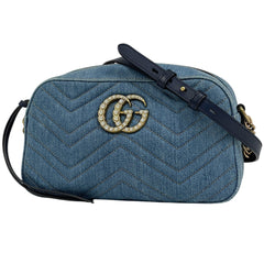 グッチ GGマーモント チェーン ショルダーバッグ ダブルG 斜め掛け フェイクパール ショルダーバッグ デニム ブルー 447632 レディース 【中古】brbag