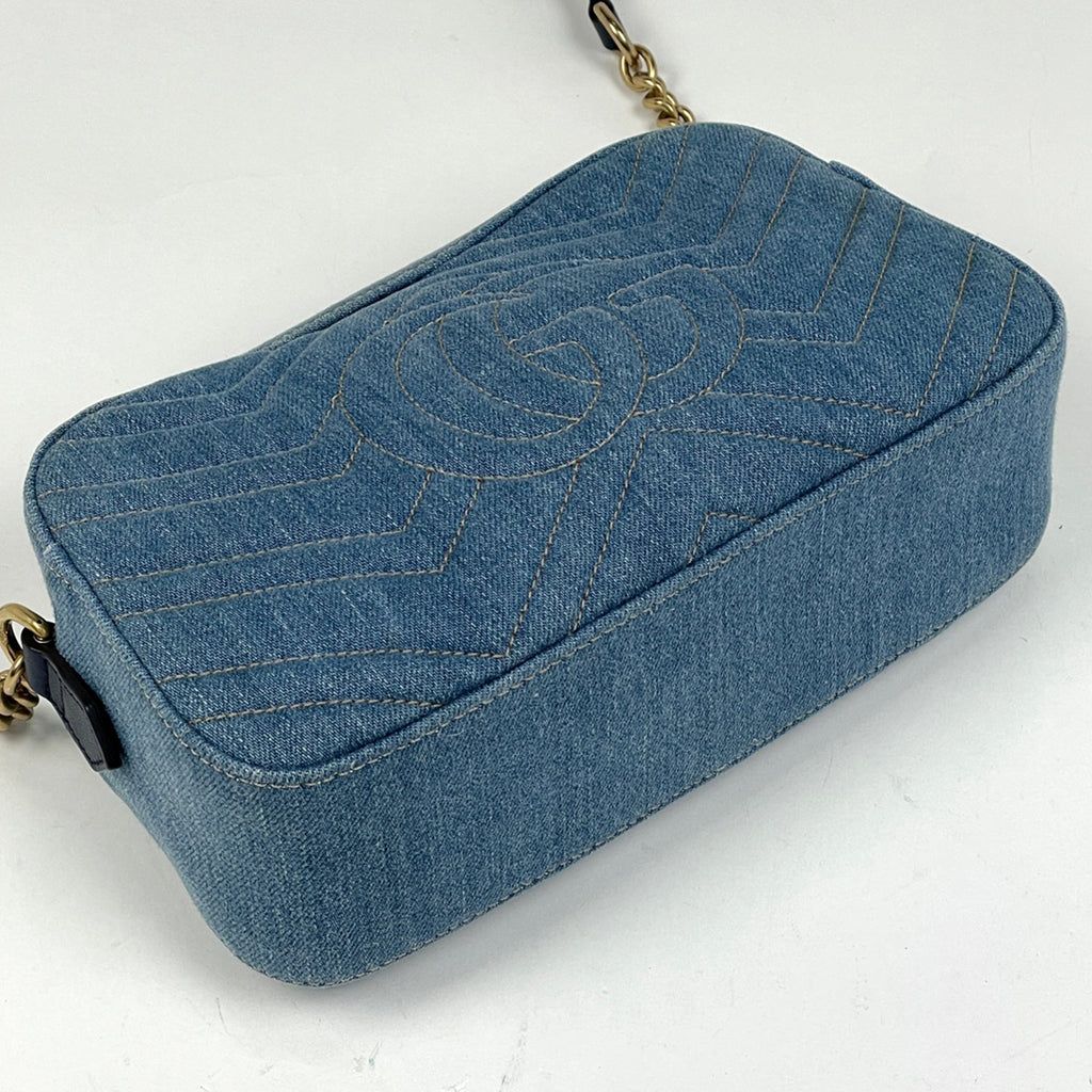 グッチ GGマーモント チェーン ショルダーバッグ ダブルG 斜め掛け フェイクパール ショルダーバッグ デニム ブルー 447632 レディース 【中古】brbag