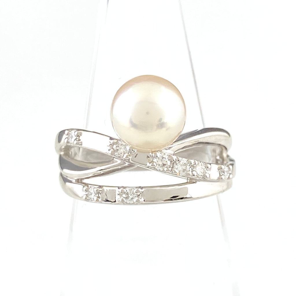 タサキ パール デザインリング プラチナ 指輪 メレダイヤ リング 9号 Pt900 パール ダイヤモンド レディース 【中古】brjwl