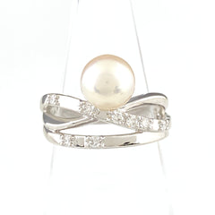 タサキ パール デザインリング プラチナ 指輪 メレダイヤ リング 9号 Pt900 パール ダイヤモンド レディース 【中古】brjwl