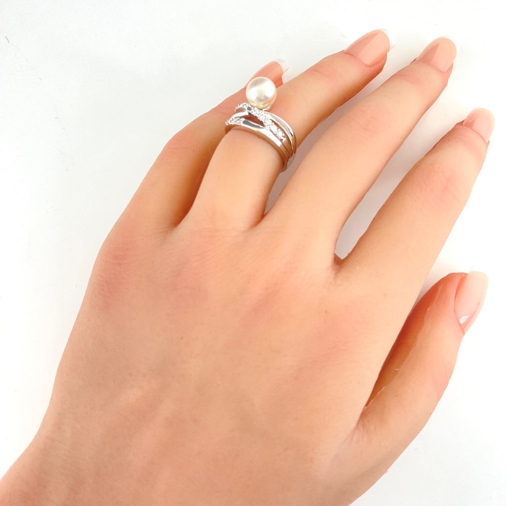 タサキ パール デザインリング プラチナ 指輪 メレダイヤ リング 9号 Pt900 パール ダイヤモンド レディース 【中古】brjwl