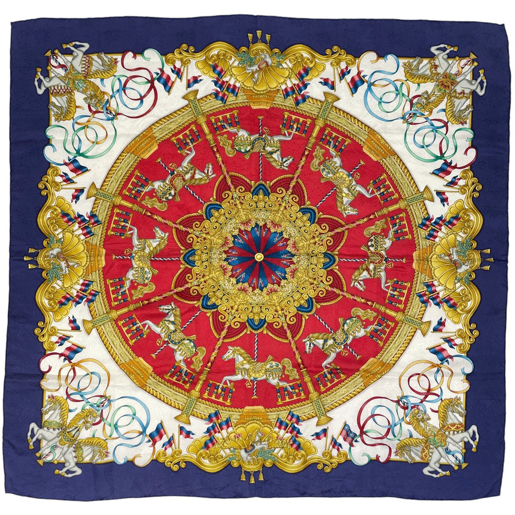 エルメス カレ 90 LUNA PARK 遊園地 馬 回転木馬 メリーゴーランド スカーフ シルク ブルー マルチカラー レディース 【中古】brbag