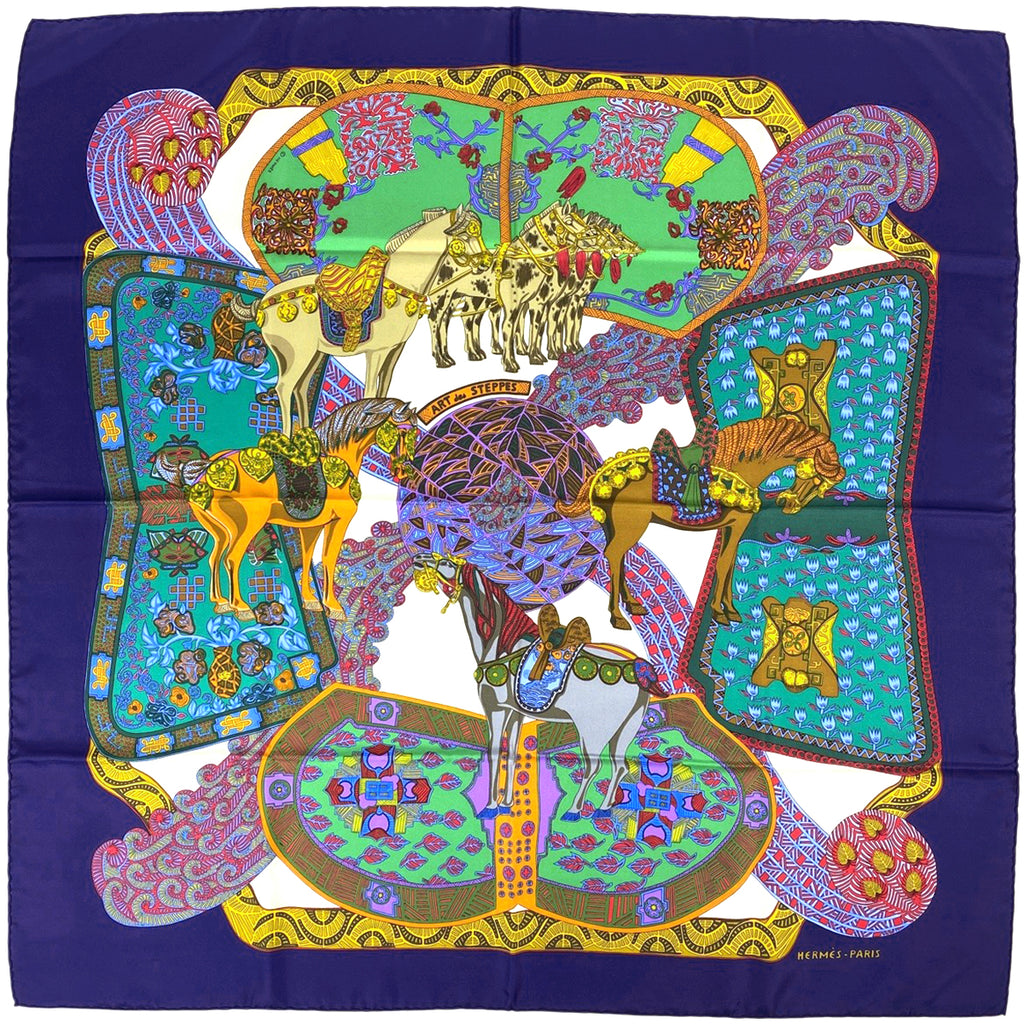 エルメス カレ 90 ART des STEPPES ステップ美術 スカーフ シルク ネイビー マルチカラー レディース 【中古】brbag