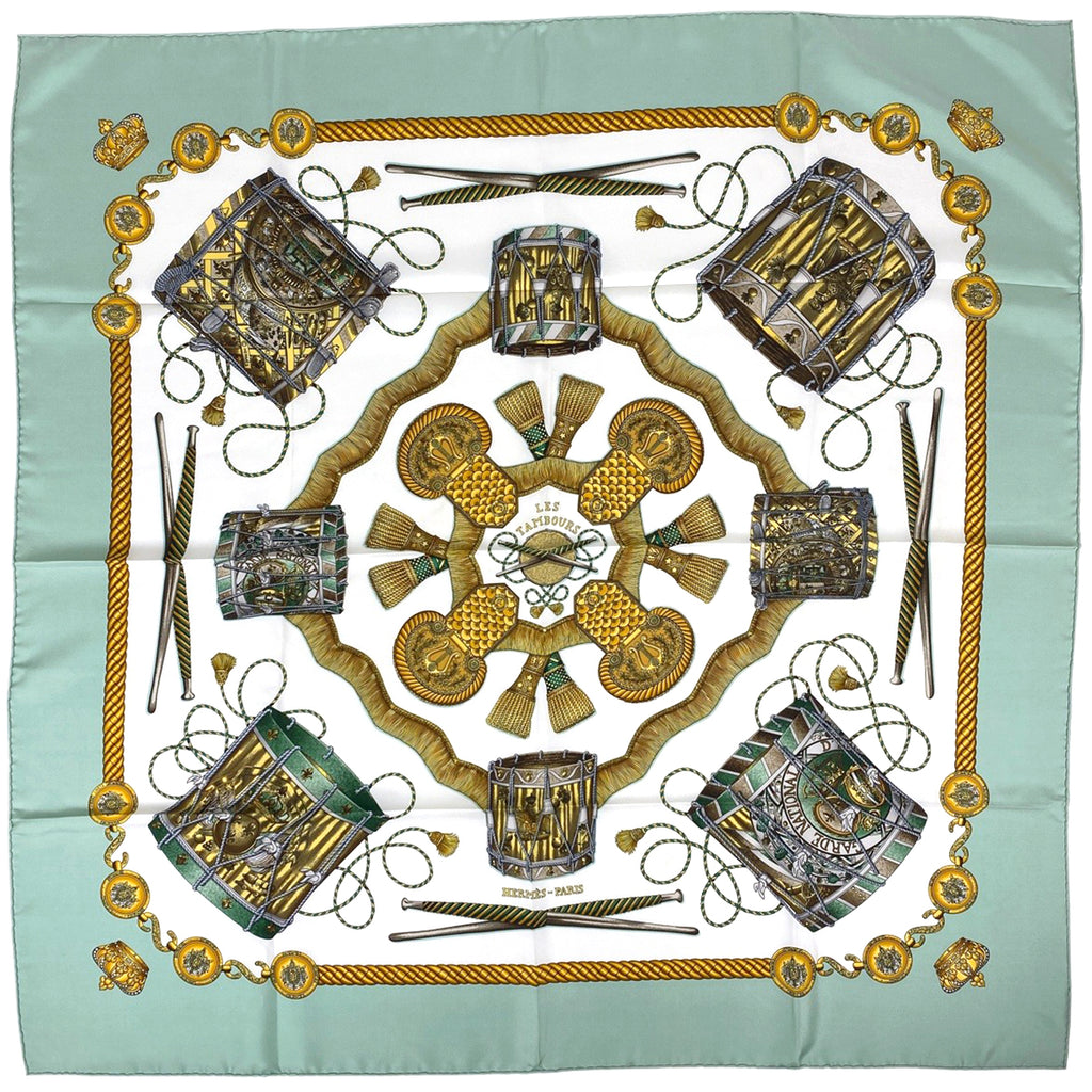 エルメス カレ 90 LES TAMBOURS タンブールの太鼓 王冠 スカーフ スカーフ シルク グリーン マルチカラー レディース 【中古】brbag