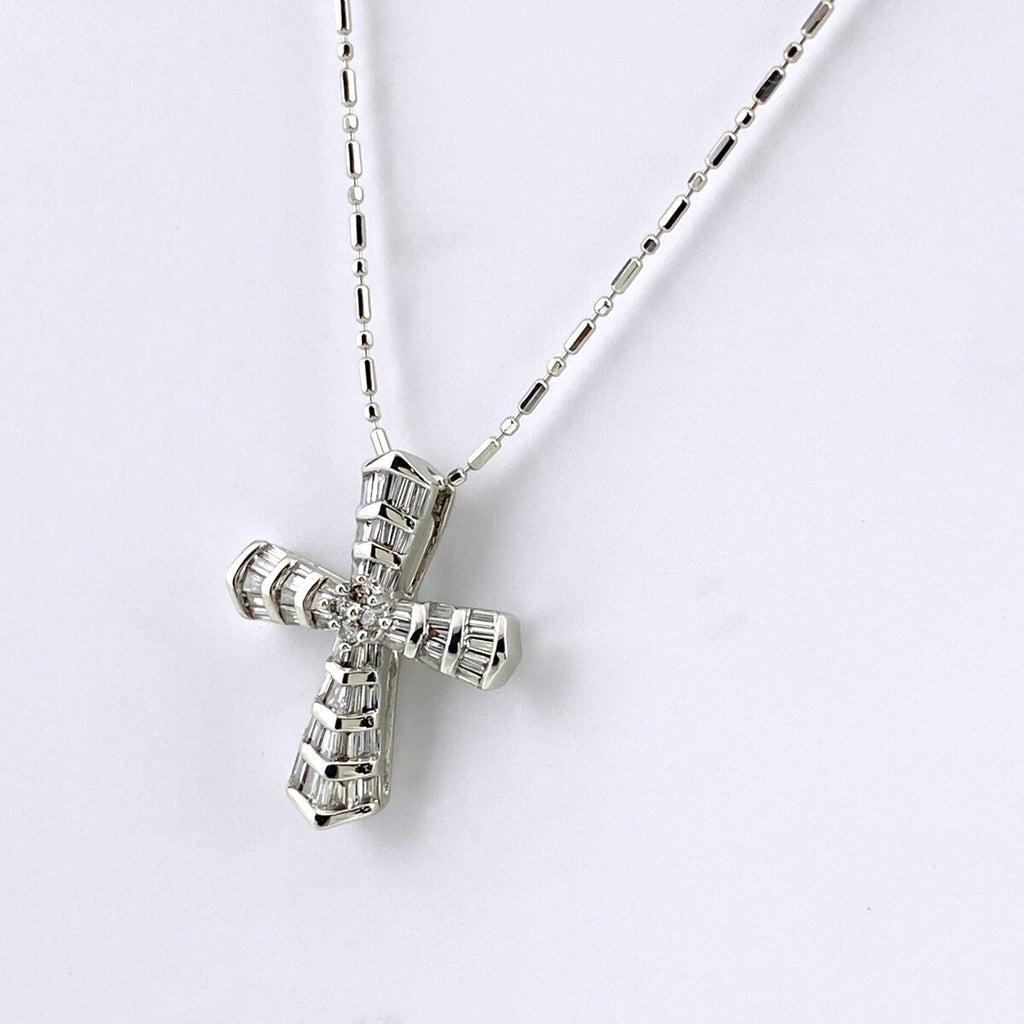 クロスモチーフ デザインネックレス WG ホワイトゴールド ペンダント 十字架 ネックレス K18 WG ダイヤモンド レディース 【中古】nbjwl