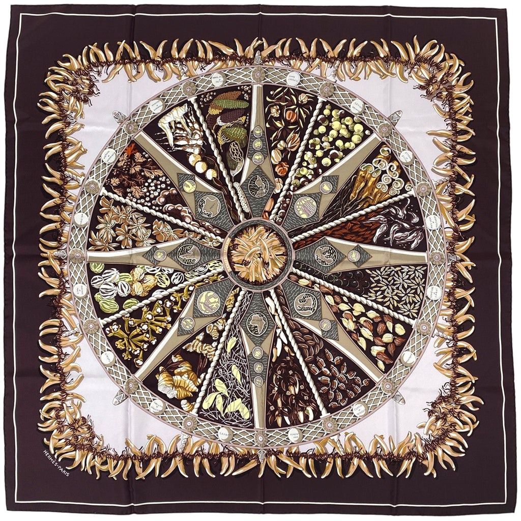 エルメス カレ 90 AUX PAYS DES EPICES スパイスの土地で スカーフ シルク パープル マルチカラー レディース 【中古】brbag