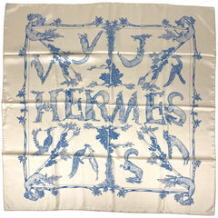 エルメス カレ90 アニマル柄 森の動物 アルファベット スカーフ シルク ベージュ ブルー レディース 【中古】brbag