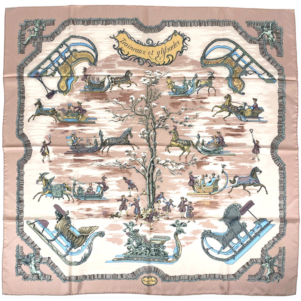 エルメス カレ90 Traineaux et glifsades ソリとスケート スカーフ スカーフ シルク ピンクベージュ マルチカラー レディース 【中古】brbag