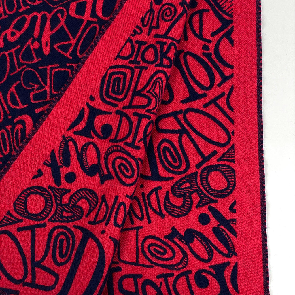 クリスチャンディオール ロゴ ストール ショーンステューシー カプセルコレクション ストール ウール ネイビー レッド レディース 【中古】brbag