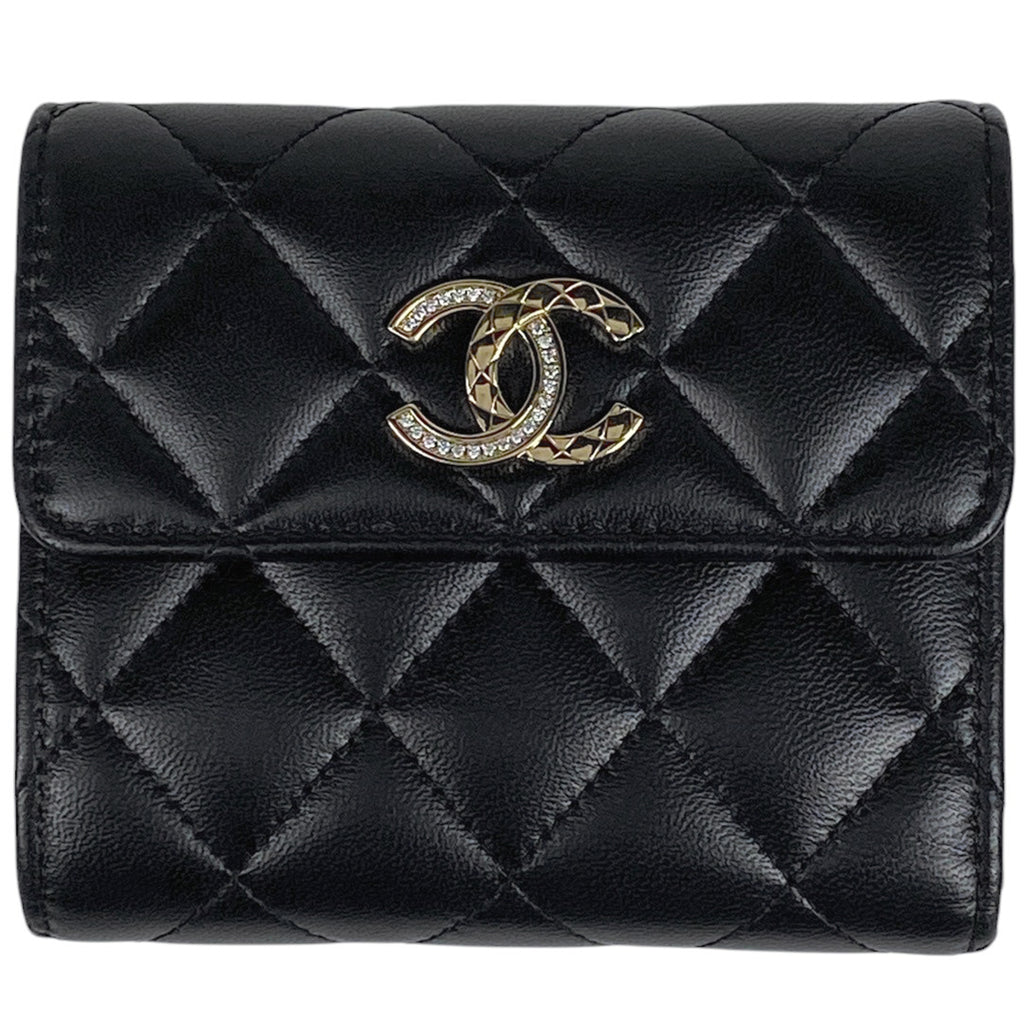 シャネル ココマーク ラインストーン 三つ折り 財布 マトラッセ ウォレット 三つ折り財布 レザー ブラック レディース 【中古】brbag