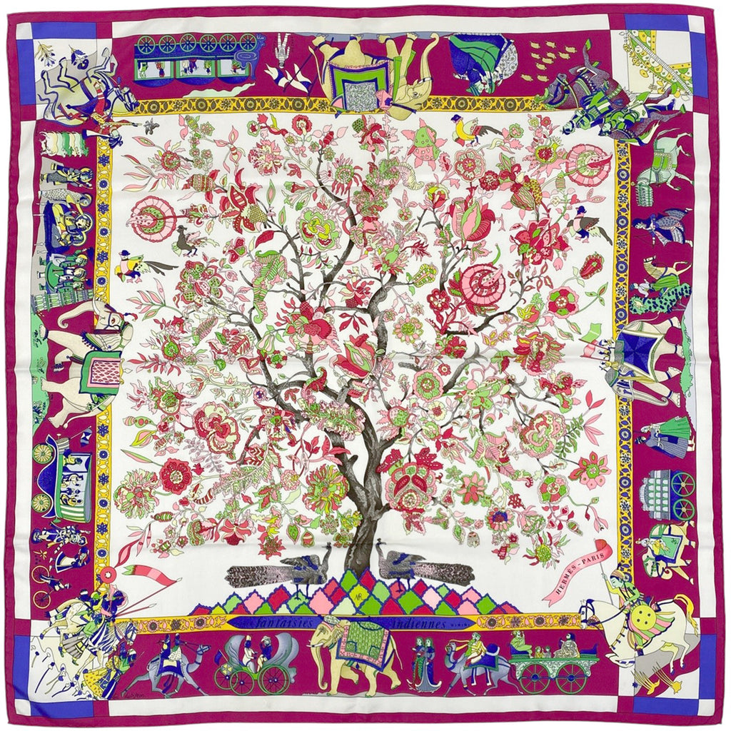 エルメス カレ 90 fantaisies indiennes 眩惑のインド 木 象 孔雀 人物 動物 スカーフ シルク ピンク マルチカラー レディース 【中古】brbag