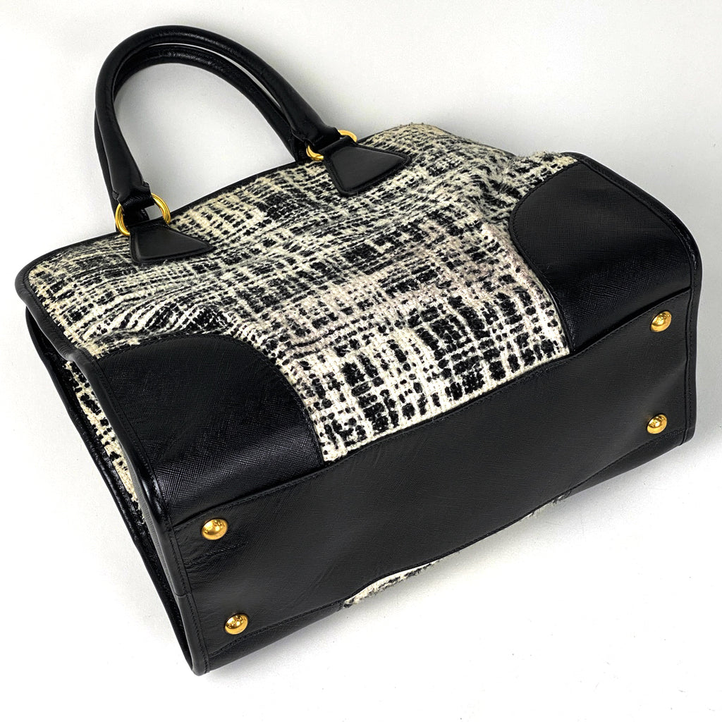 プラダ ロゴ ハンドバッグ ツイード トートバッグ ハンドバッグ サフィアーノレザー ネロ(ブラック) ホワイト レディース 【中古】brbag