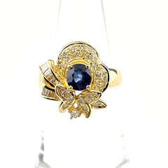 サファイア デザインリング YG イエローゴールド 指輪 メレダイヤ リング 11号 K18 サファイア ダイヤモンド レディース ノンブランドジュエリー 【中古】nbjwl