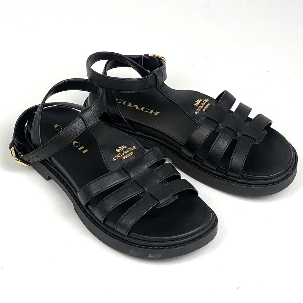 コーチ ロゴ サンダル アンクルストラップ 靴 サンダル レザー ブラック レディース 【中古】brapp
