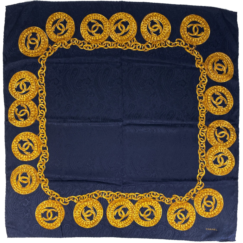 シャネル ココマーク スカーフ ロゴ チェーン スカーフ シルク ネイビー ゴールド レディース 【中古】brbag