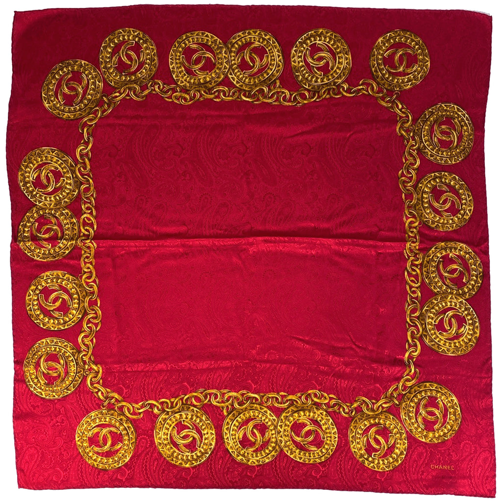シャネル ココマーク スカーフ ロゴ チェーン スカーフ シルク レッド ゴールド レディース 【中古】brbag