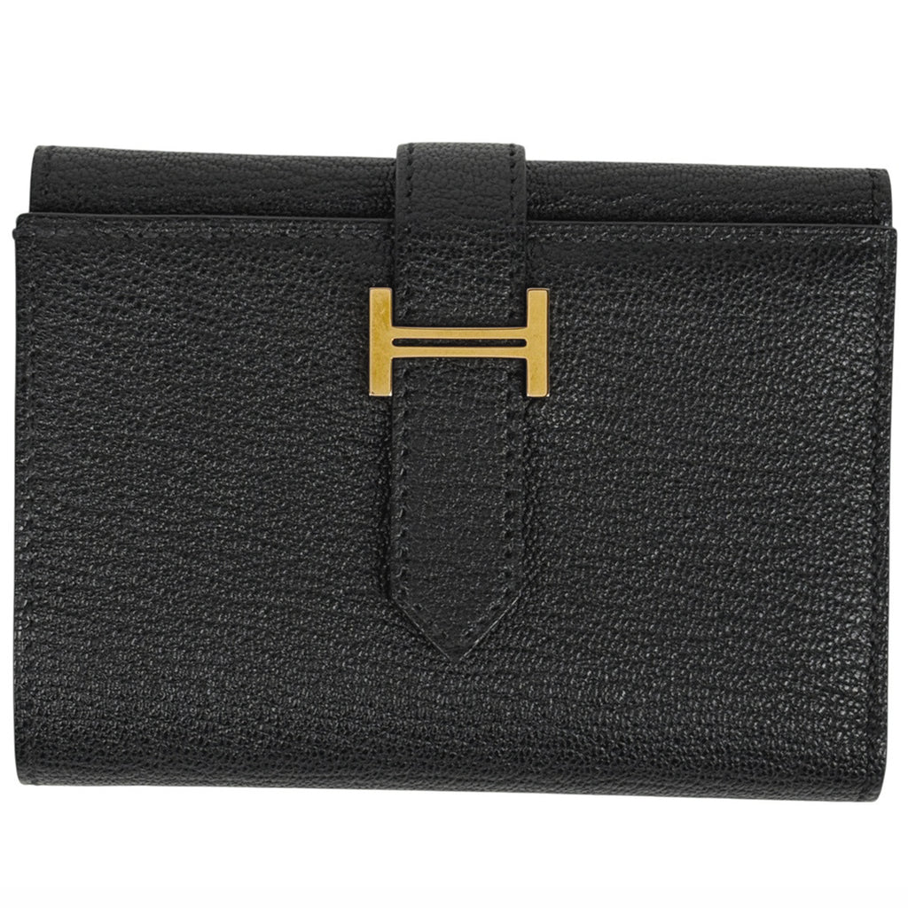 エルメス ベアン コンビネ Hロゴ 札入れ 小銭入れ 三つ折り財布 シェーブル ブラック Ｂ レディース 【中古】brbag