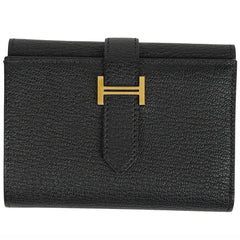 エルメス ベアン コンビネ Hロゴ 札入れ 小銭入れ 三つ折り財布 シェーブル ブラック Ｂ レディース 【中古】brbag