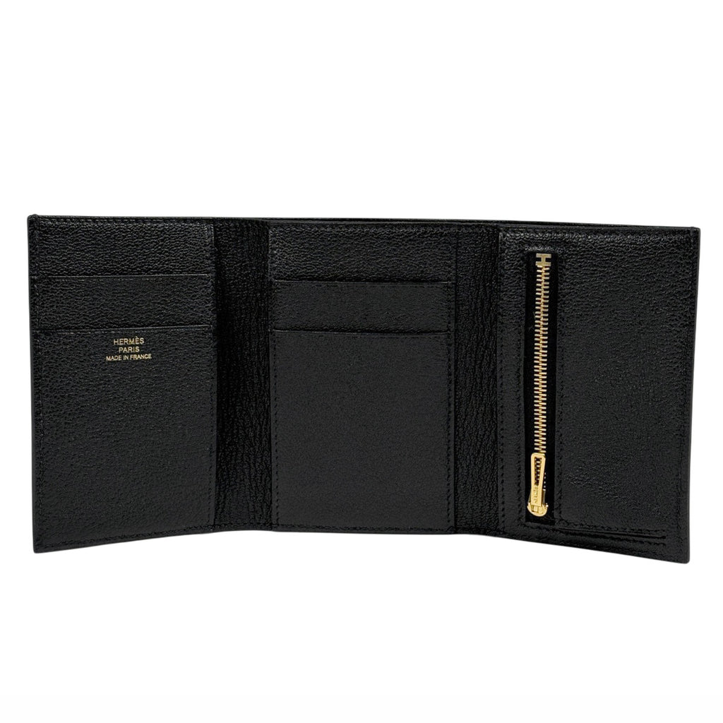 エルメス ベアン コンビネ Hロゴ 札入れ 小銭入れ 三つ折り財布 シェーブル ブラック Ｂ レディース 【中古】brbag