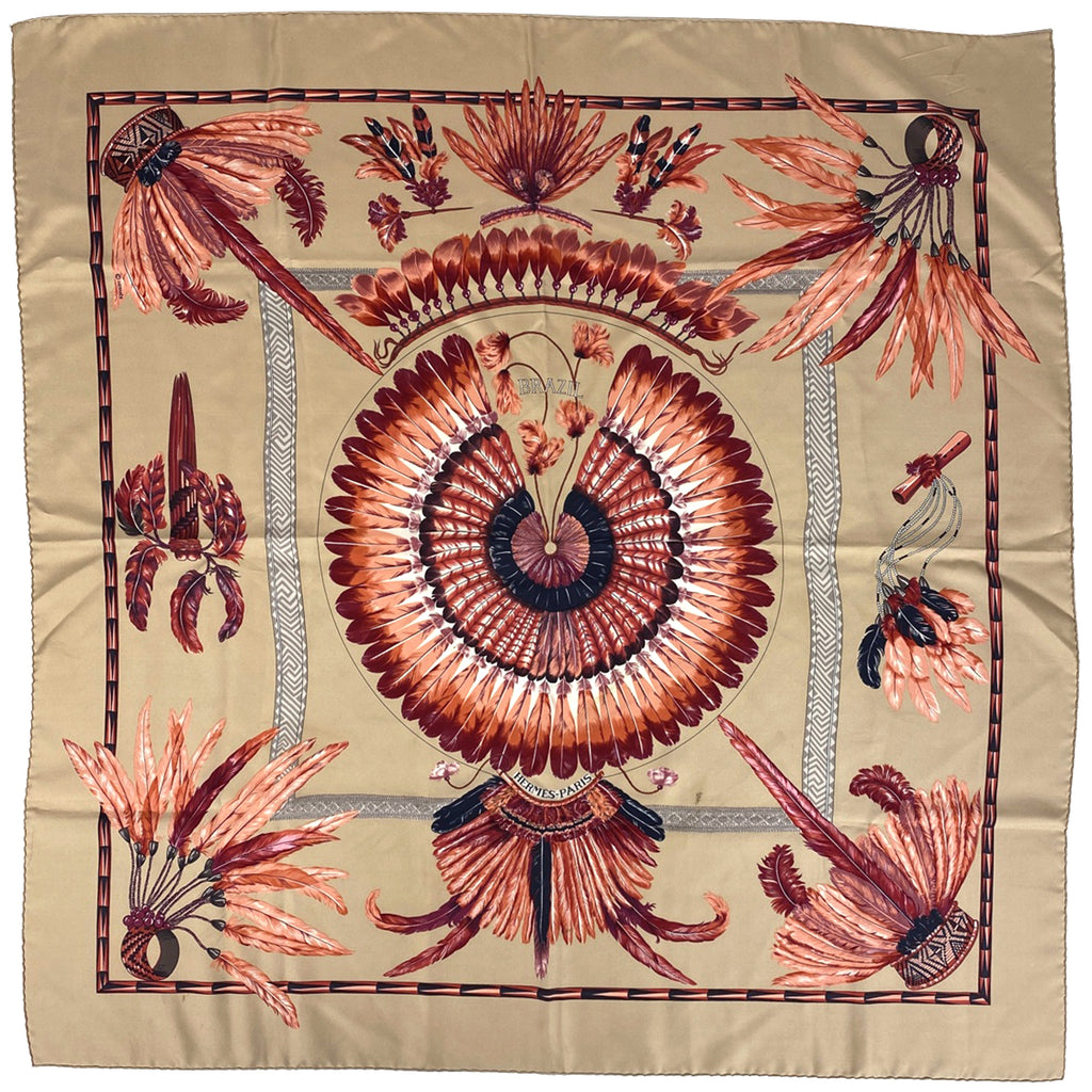 エルメス カレ 90 BRAZIL ブラジル スカーフ シルク ベージュ レッド レディース 【中古】brbag