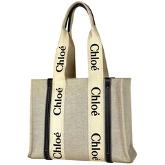 クロエ ウッディ ミディアム トートバッグ Woody ショルダーバッグ ロゴ トートバッグ キャンバス ベージュ レディース 【中古】brbag