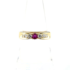 ルビー デザインリング YG イエローゴールド 指輪 メレダイヤ リング 14.5号 K18 ルビー ダイヤモンド レディース ノンブランドジュエリー 【中古】nbjwl