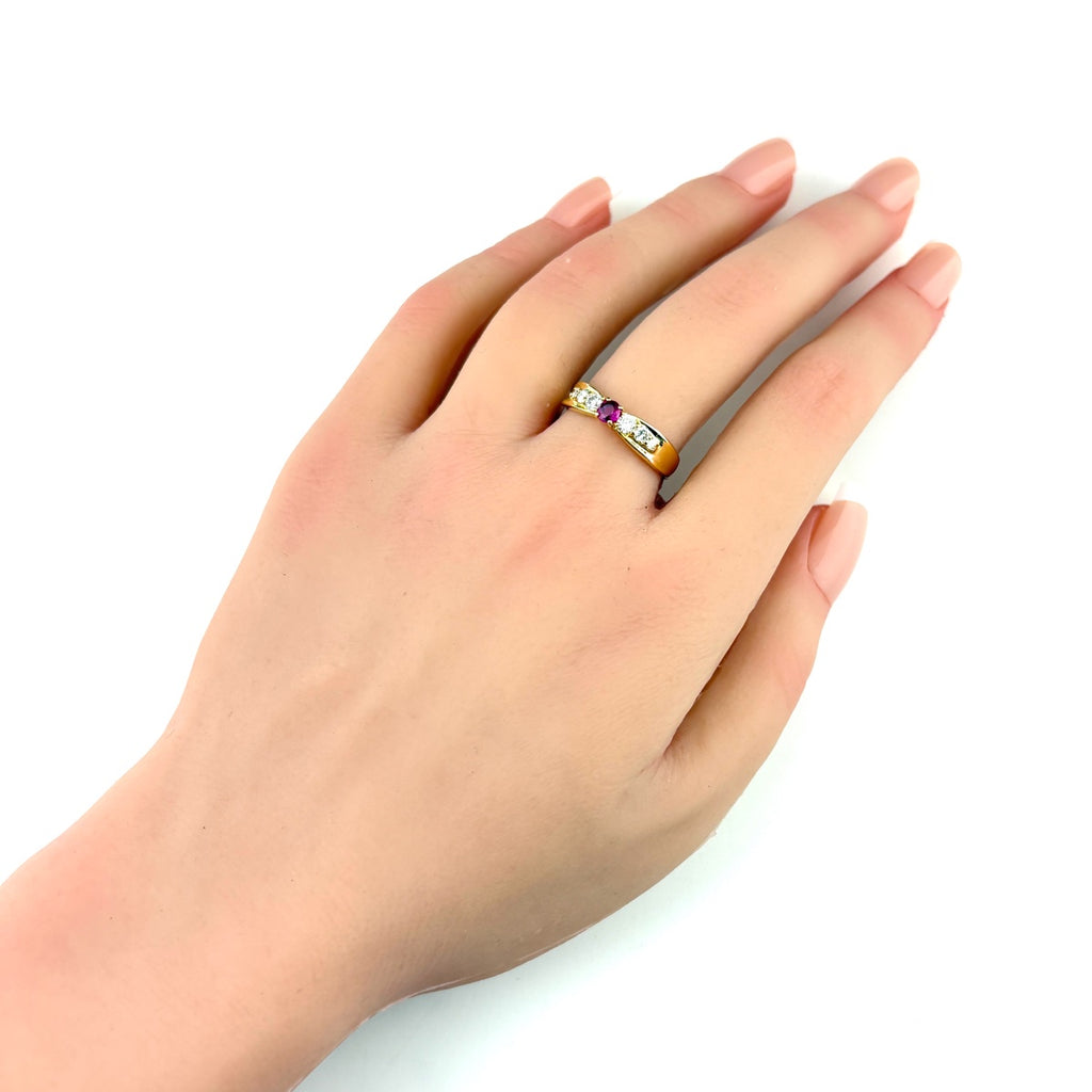 ルビー デザインリング YG イエローゴールド 指輪 メレダイヤ リング 14.5号 K18 ルビー ダイヤモンド レディース ノンブランドジュエリー 【中古】nbjwl