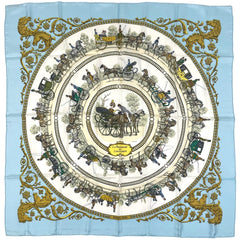 エルメス カレ 90 LA PROMENADE DE LONGCHAMPS ロンシャンへの散歩 馬車 スカーフ シルク ライトブルー マルチカラー レディース 【中古】brbag