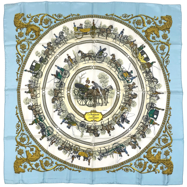 エルメス カレ 90 LA PROMENADE DE LONGCHAMPS ロンシャンへの散歩 馬車 スカーフ シルク ライトブルー マルチカラー レディース 【中古】brbag