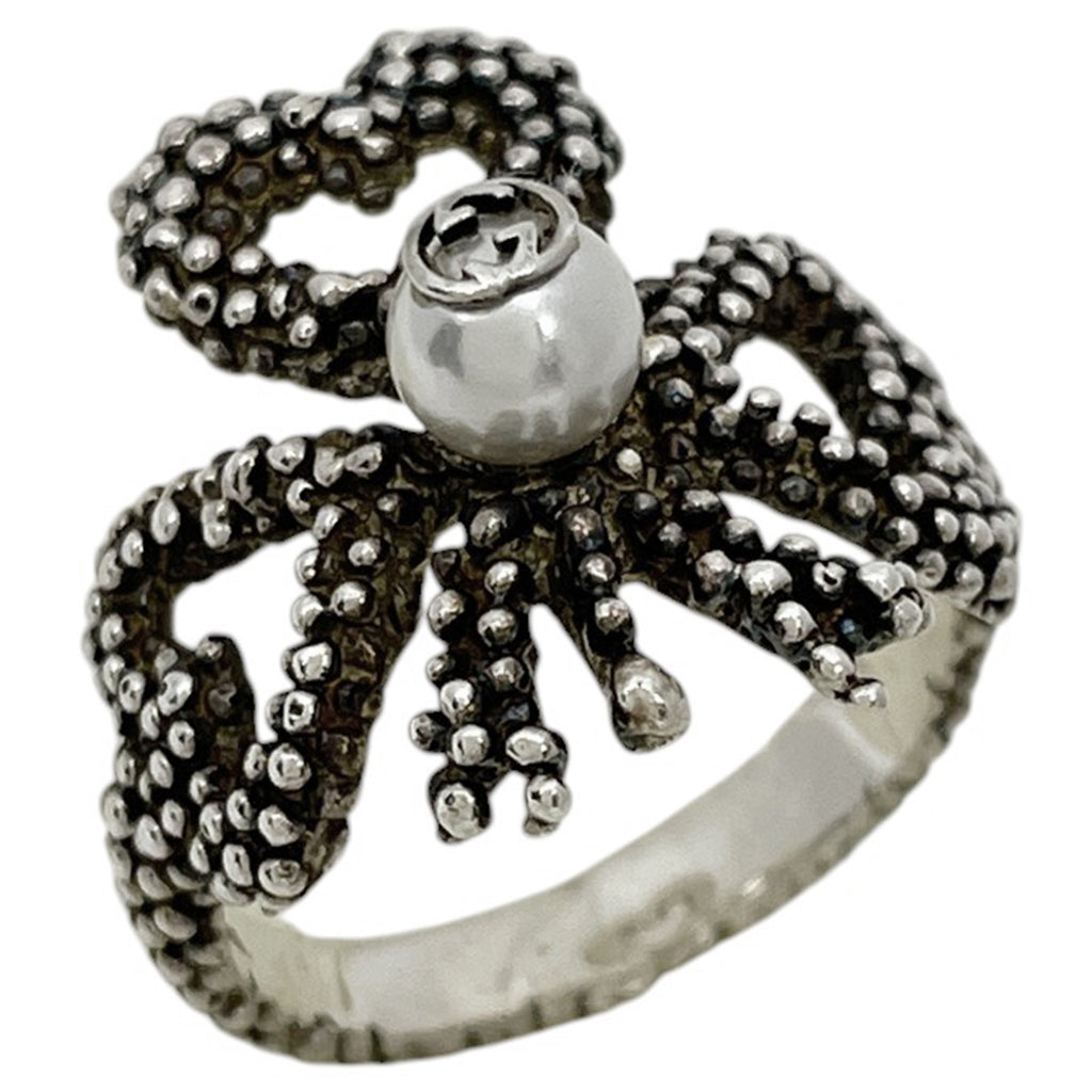 グッチ インターロッキングG リング ハート クローバー リング 11.5号 シルバー925 フェイクパール シルバー レディース 【中古】bracc