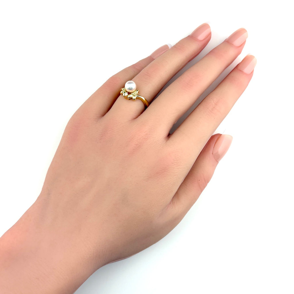 ミキモト パール デザインリング YG イエローゴールド 指輪 メレダイヤ 真珠 リング 8.5号 K18 パール ダイヤモンド レディース 【中古】brjwl