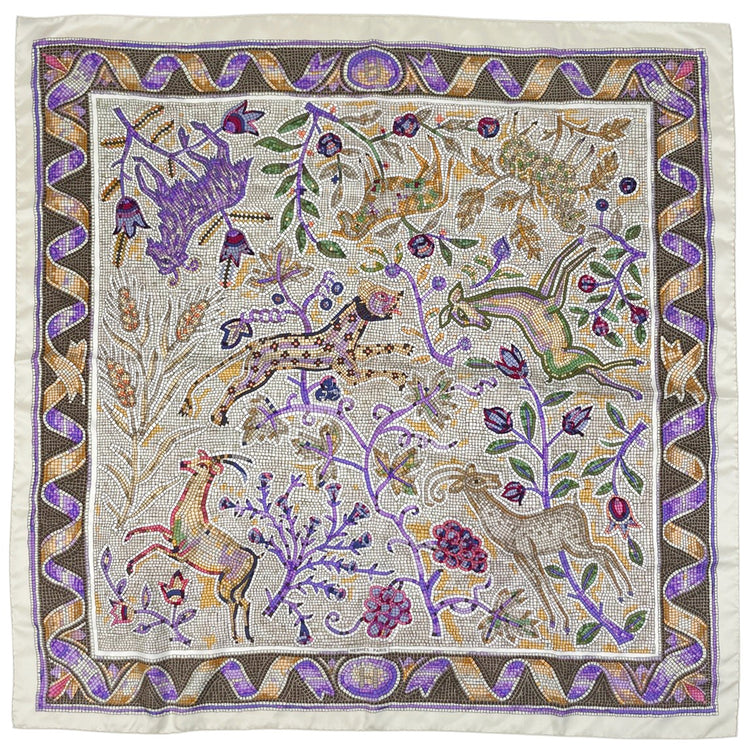 エルメス カレ 90 アニマル柄 Pavement ペイヴメント タイル モザイク 動物 植物 スカーフ シルク ホワイト マルチカラー レディース 【中古】brbag