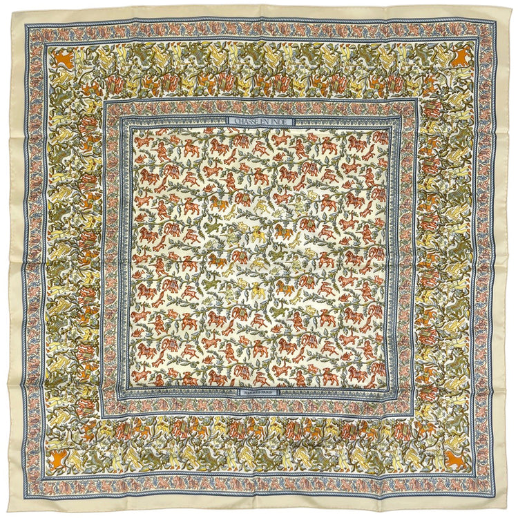 エルメス カレ 90 CHASSE EN INDE インドの狩猟 象柄 馬柄 スカーフ シルク クリーム マルチカラー レディース 【中古】brbag